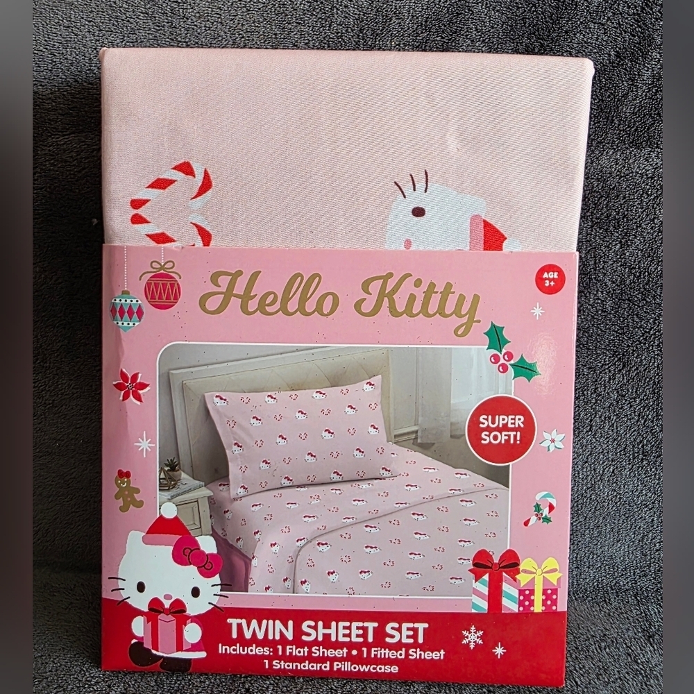 New pink Hello Kitty Twin Sheet Set Christmas candy cane Valentine's heart print